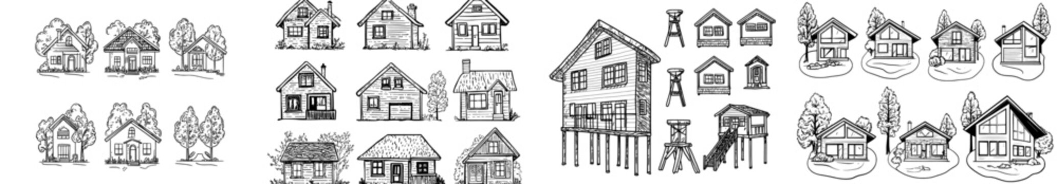 A compilation of nine black silhouette illustrations depicting various house designs, highlighting diverse architectural styles and features