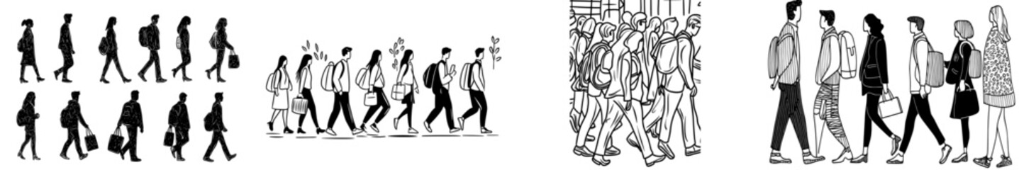 A gathering of varied human shapes is seen strolling in a city environment, highlighting different fashion senses and daily tasks