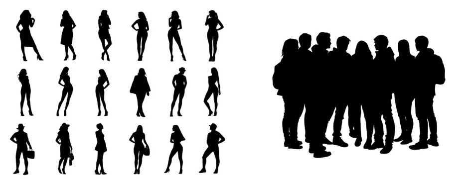 A gathering of shadowy forms depicting people from different backgrounds in a range of postures and pursuits, ideal for representing community and lifestyle concepts