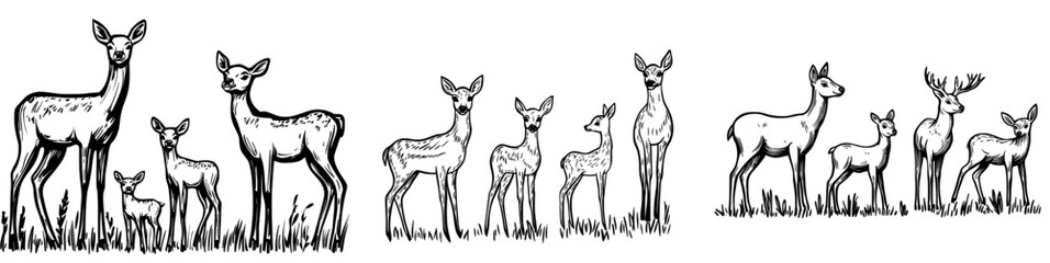 A compilation of deer outlines displaying diverse postures and antler arrangements, perfect for designs or artwork centered around wildlife or nature
