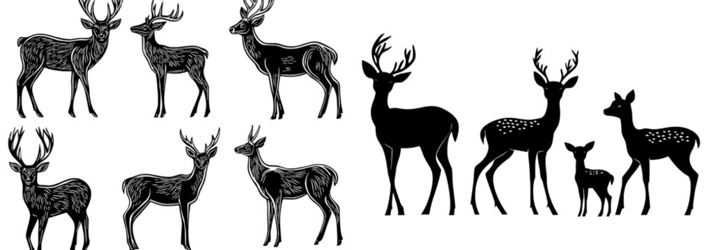 This assortment of deer profiles displays a range of poses and antler formations, making it a great resource for nature-themed graphic designs and illustrations