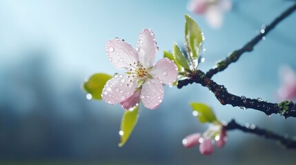 Close-up of delicate pink blossoms covered in dew drops