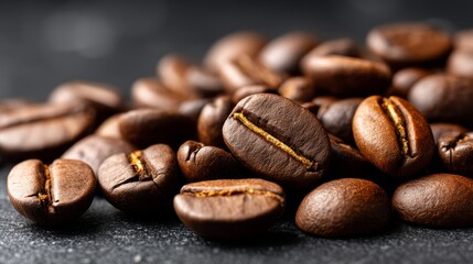 Naklejka premium Roasted Coffee Beans Close Up - Aromatic roasted coffee beans, rich brown color, close-up view. Perfect for coffee shop menus, websites, or packaging