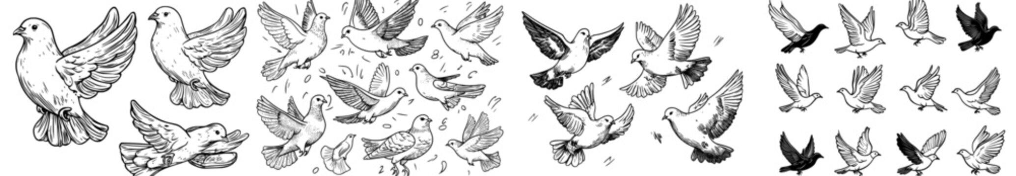 A compilation of dark outline designs of birds in flight, suitable for graphic design and illustration purposes