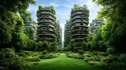 Lush, green buildings nestled in a verdant urban oasis