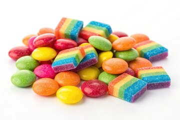 Colorful Rainbow Candy Pile on a White Background Generative AI