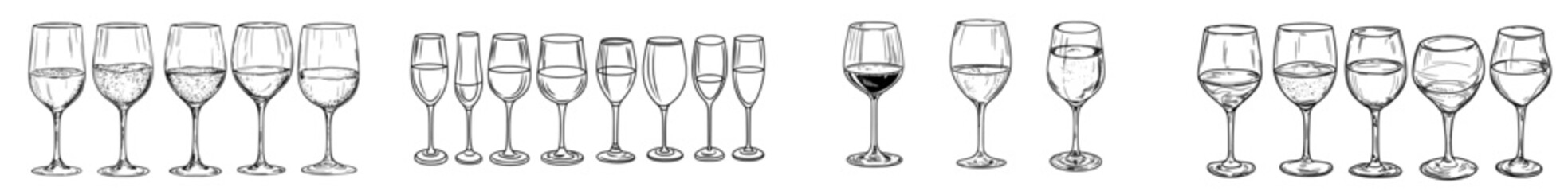 A set of five black silhouette glasses in different shapes is perfect for depicting drinks, wine, or cocktail themes