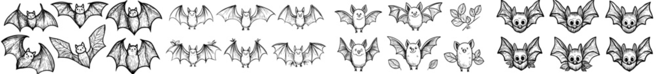 A collection of charming hand-drawn bats in modern line art style, displaying various poses and facial expressions, perfect for projects with a Halloween theme, spooky artwork, or lighthearted