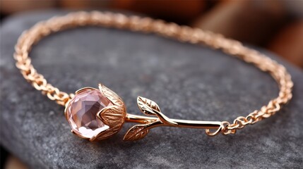 Naklejka premium Rose Gold Bracelet with Pink Quartz Rose - Elegant rose gold bracelet featuring a delicate pink quartz rose, symbolizing love, beauty, nature, femininity, and grace