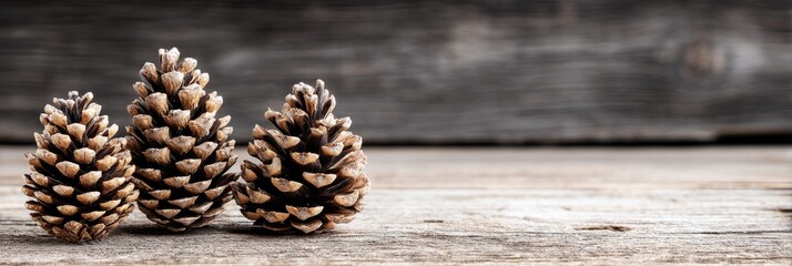 Rustic Pine Cones on Weathered Wood - Three pine cones rest on a rustic wooden surface, symbolizing nature, growth, time, tranquility, and the season's change. A simple, yet evocative