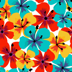 modern bright seamless hawaiian floral pattern tropical hibiscus flowers white background, colorful summer exotic design for fabric, textile, wrapping, beachwear card © pani_Nadichka