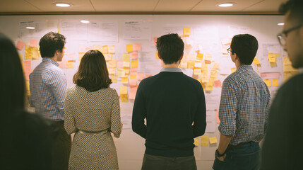 Collaborative Brainstorming: A team of creative professionals engage in a lively brainstorming session, their ideas and solutions captured on sticky notes covering a whiteboard.