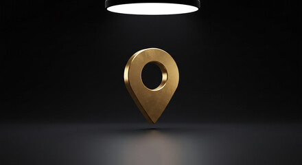 Golden location pin under spotlight in dark room symbolizing importance of place
