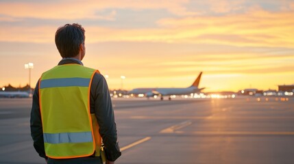 Airport worker watches sunrise over parked airplane