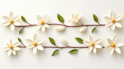 White flowers, branches, spring, flat lay, minimalist background, design element