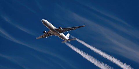 Airplane soaring through a vivid blue sky