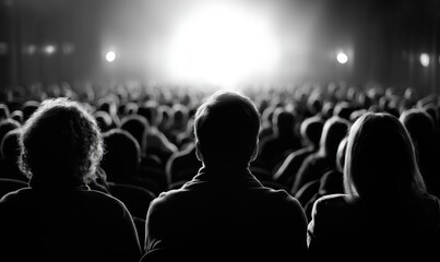 A packed auditorium, bathed in bright stage light