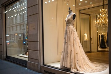 Elegant Dress on Display in Chic Store Window at Night Generative AI