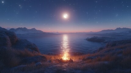 Fototapeta premium Nighttime Campfire by the Lake Under the Full Moon and Starry Sky