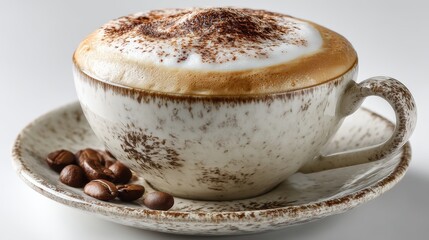 a steaming cup of hot cappuccino with frothy milk on top on a white isolated background, rich and aromatic design