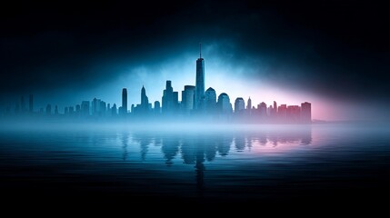 Fototapeta premium Serene Cityscape at Dusk - A tranquil cityscape at twilight, reflecting on calm waters. Symbolizing peace, urban beauty, reflection, serenity, and the passage of time