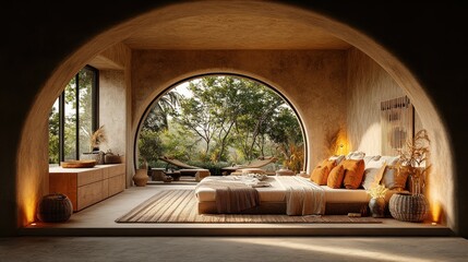 Tranquil, earthy bedroom with large arched window