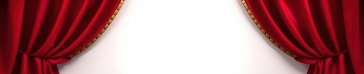 Deep red velvet drapes, gilded trim, unveil bright white expanse, velvet, studio, photography