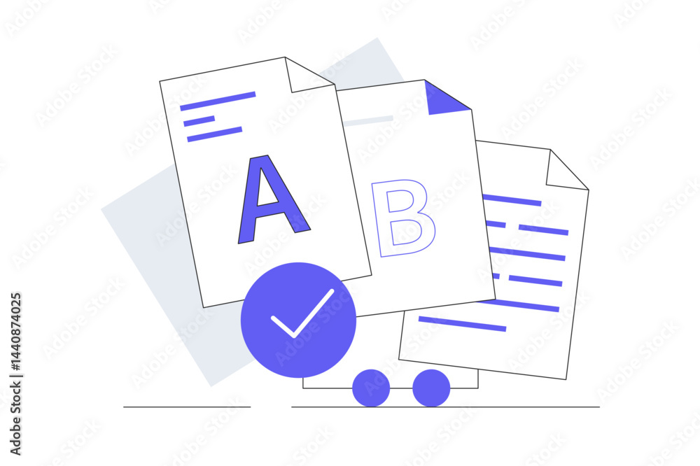 Poster document project, data optimization. ab testing. development testing. flat cartoon vector illustrati