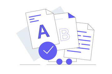Document project, data optimization. Ab testing. Development testing. Flat Cartoon Vector Illustration, icon. Stylish abstract design landing page