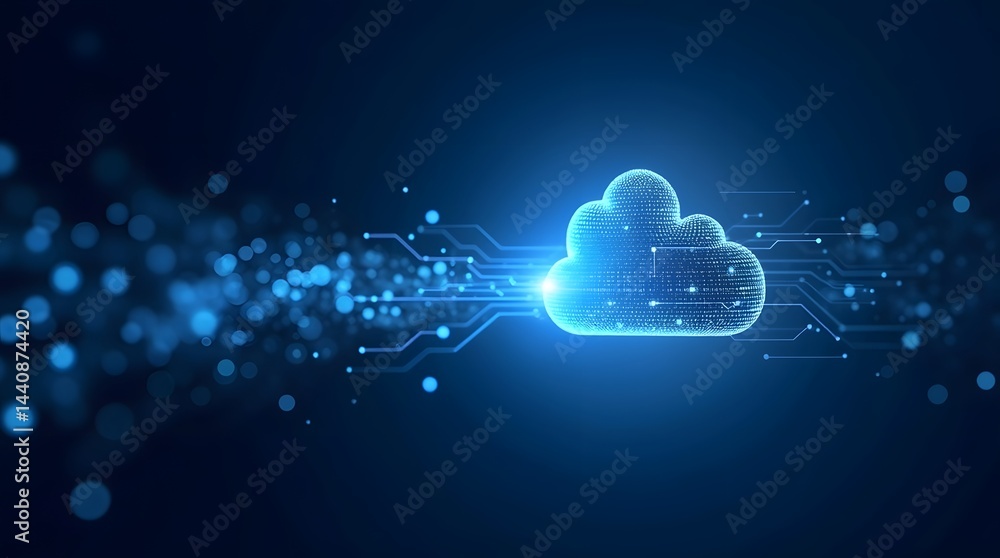 Poster a digital cloud symbol glowing in blue, surrounded by abstract data lines and particles.