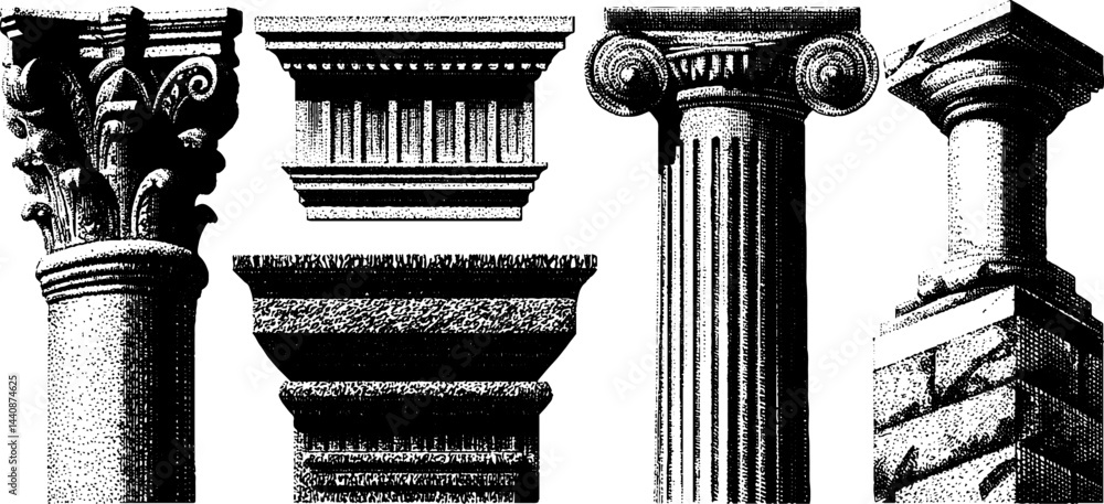 Poster engraved architectural elements set featuring classical columns for design projects