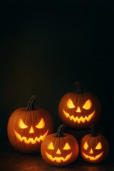 Carved Pumpkins With Glowing Faces Create a Festive Halloween Atmosphere in a Dark Setting