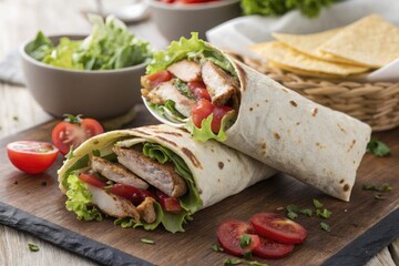 Fresh Wrap With Meat, Lettuce, and Tomatoes on a Wooden Board Generative AI