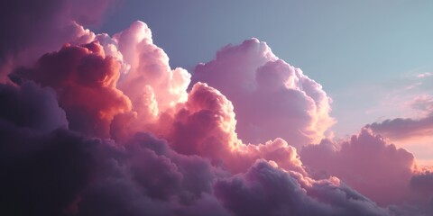 A stunning view of vibrant, fluffy clouds in a soft pastel color palette, illuminated by a warm light, suggesting a beautiful sunset or sunrise