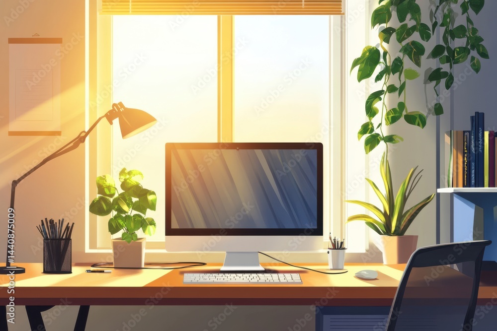 Aufkleber a bright workspace with computer plants and a lamp in front of a large window with bright sunshine