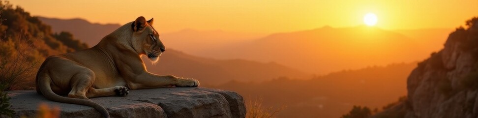 Fototapeta premium Golden hour, lioness slumber, rugged rock formation, cat, evening, fauna