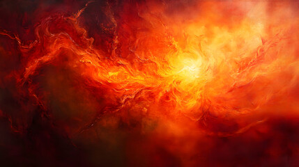 A fiery abstract painting in orange and red tones to depict passion, energy, and emotional eruption.