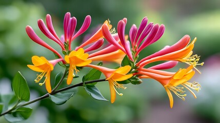 Obraz premium Vibrant orange and pink trumpet-shaped flowers on a green stem
