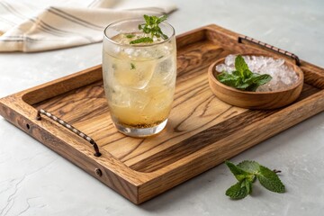 Refreshing Drink on a Wooden Tray With Mint Garnish Generative AI