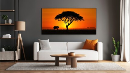 Silhouette of an elephant and acacia tree at sunset displayed in a living room.