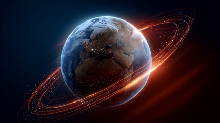 Stunning 3D Render of Earth with Glowing Rings A Cosmic Masterpiece