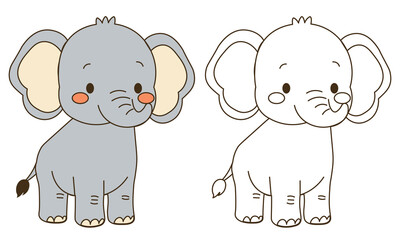 Flat style illustration of a cute baby elephant standing with a cheerful expression, ideal for coloring pages