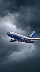 Airplane flying through a stormy sky