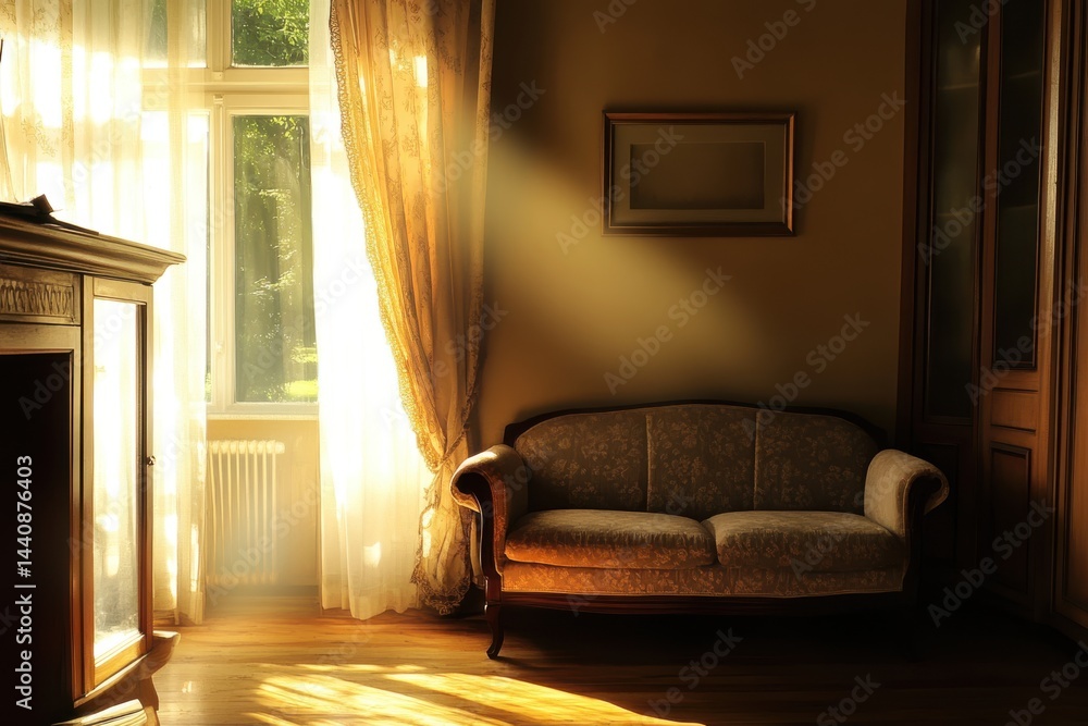 Poster sunlight streaming through window illuminating sofa and cabinet in a vintage room setting
