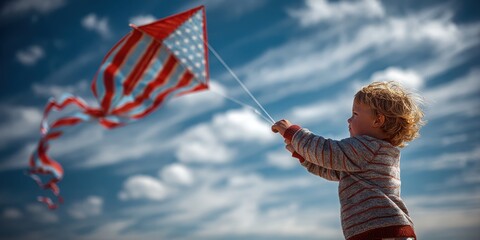 Child flying an american flag kite on a bright day