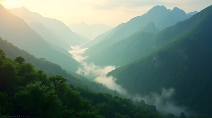 Fototapeta premium A serene landscape featuring misty mountains and lush valleys during sunrise, creating a tranquil and peaceful scene.