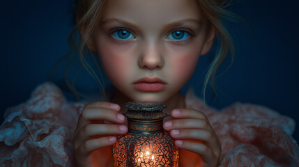 Young girl holding a lantern with an intense expression against a dark background  