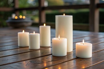 White Candles Arranged on a Wooden Table Outdoors in Soft Light Generative AI