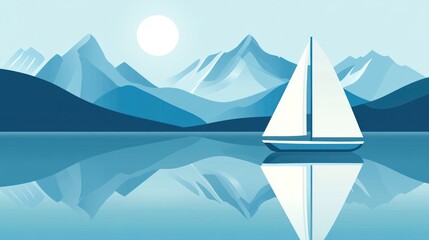 Calm lake, mountains, sailboat, sunrise, peaceful scene, illustration, background, digital art, stock photo