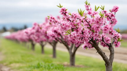 Panoramic orchard view with blooming plum cherry trees and mulberries in springtime